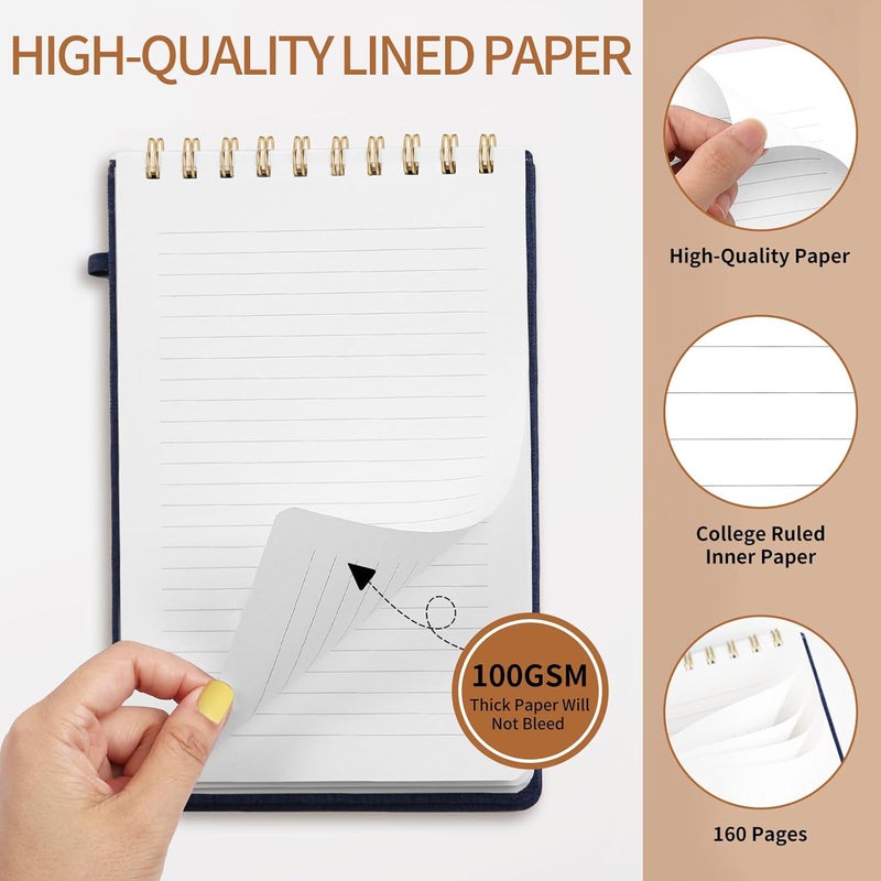 TSFPapier A5 Top Spiral Notebook – Hardcover Journal 160 Pages 100 GSM Thick Paper With Elastic Band & Pen Holder Steno Pads College Ruled Writing Notebooks for Work School Travel Dark Blue - Image 4